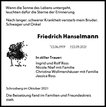 Traueranzeige von Friedrich Hanselmann von Hohenloher Tagblatt