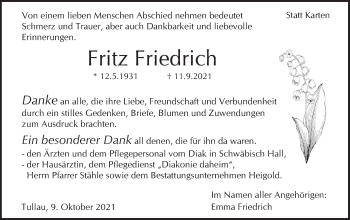 Traueranzeige von Fritz Friedrich von Haller Tagblatt