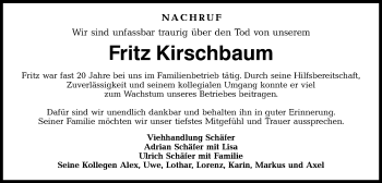 Traueranzeige von Fritz Kirschbaum von Rundschau Gaildorf