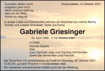 Traueranzeige von Gabriele Griesinger von Metzinger-Uracher Volksblatt