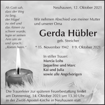 Traueranzeige von Gerda Hübler von Metzinger-Uracher Volksblatt