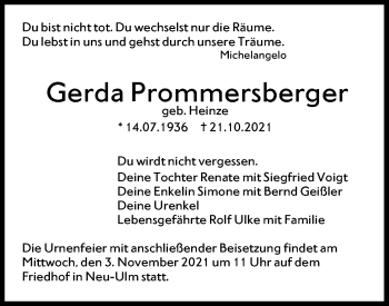 Traueranzeige von Gerda Prommersberger von SÜDWEST PRESSE Ausgabe Ulm/Neu-Ulm