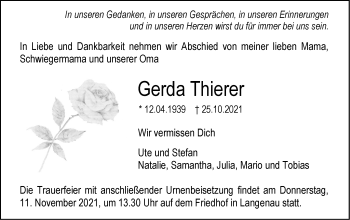 Traueranzeige von Gerda Thierer von SÜDWEST PRESSE Ausgabe Ulm/Neu-Ulm