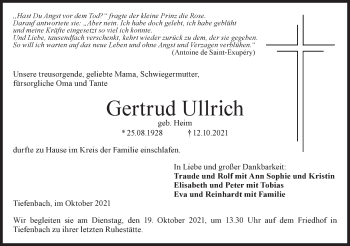 Traueranzeige von Gertrud Ullrich von Hohenloher Tagblatt