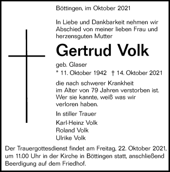 Traueranzeige von Gertrud Volk von Alb-Bote/Metzinger-Uracher Volksblatt