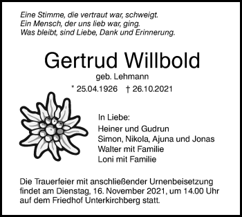 Traueranzeige von Gertrud Willbold von SÜDWEST PRESSE Ausgabe Ulm/Neu-Ulm