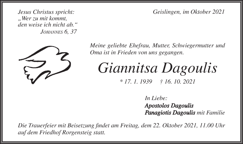  Traueranzeige für Giannitsa Dagoulis vom 21.10.2021 aus Geislinger Zeitung