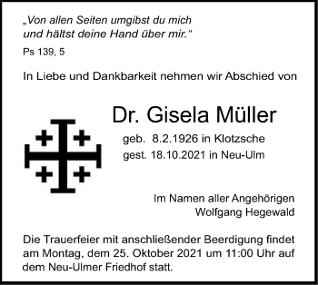 Traueranzeige von Gisela Müller von SÜDWEST PRESSE Ausgabe Ulm/Neu-Ulm