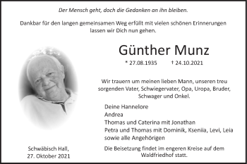 Traueranzeige von Günther Munz von Haller Tagblatt