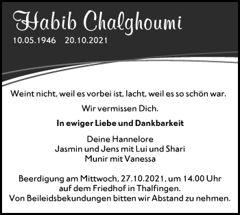 Traueranzeige von Habib Chalghoumi von SÜDWEST PRESSE Ausgabe Ulm/Neu-Ulm