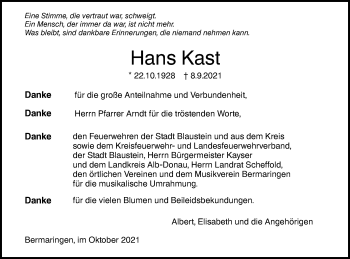 Traueranzeige von Hans Kast von SÜDWEST PRESSE Ausgabe Ulm/Neu-Ulm