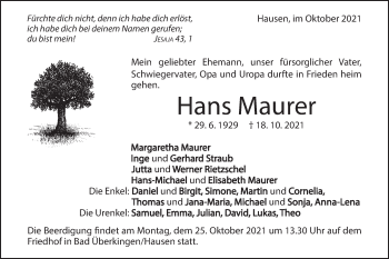 Traueranzeige von Hans Maurer von Geislinger Zeitung