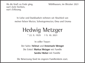 Traueranzeige von Hedwig Metzger von Geislinger Zeitung