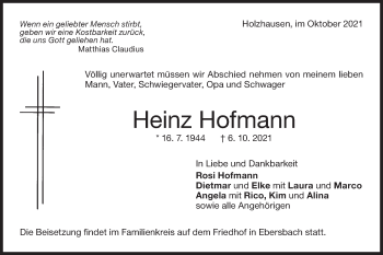 Traueranzeige von Heinz Hofmann von NWZ Neue Württembergische Zeitung