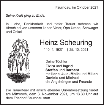 Traueranzeige von Heinz Scheuring von NWZ Neue Württembergische Zeitung