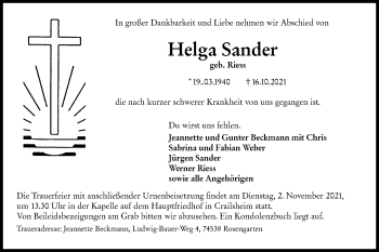 Traueranzeige von Helga Sander von Hohenloher Tagblatt