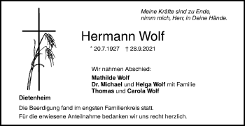 Traueranzeige von Hermann Wolf von Illertal Bote