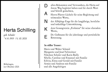 Traueranzeige von Herta Schilling von Alb-Bote/Metzinger-Uracher Volksblatt