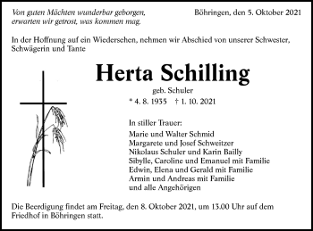 Traueranzeige von Herta Schilling von Alb-Bote/Metzinger-Uracher Volksblatt