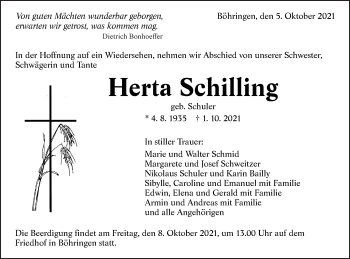 Traueranzeige von Herta Schilling von SÜDWEST PRESSE Ausgabe Ulm/Neu-Ulm