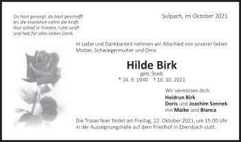 Traueranzeige von Hilde Birk von NWZ Neue Württembergische Zeitung