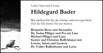 Traueranzeige von Hildegard Bader von Hohenloher Tagblatt