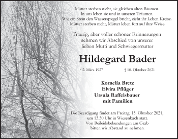 Traueranzeige von Hildegard Bader von Hohenloher Tagblatt