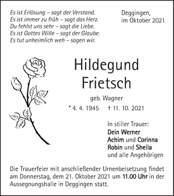 Traueranzeige von Hildegund Frietsch von Geislinger Zeitung