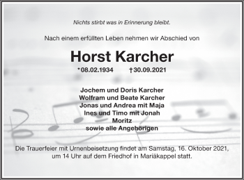 Traueranzeige von Horst Karcher von Hohenloher Tagblatt