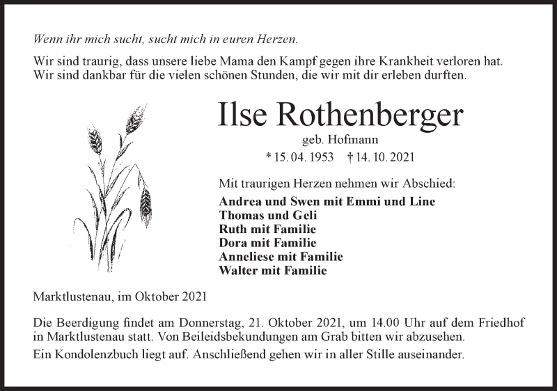  Traueranzeige für Ilse Rothenberger vom 19.10.2021 aus Hohenloher Tagblatt