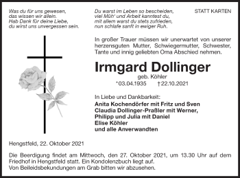 Traueranzeige von Irmgard Dollinger von Hohenloher Tagblatt