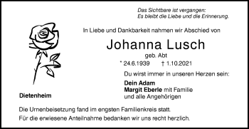 Traueranzeige von Johanna Lusch von Illertal Bote