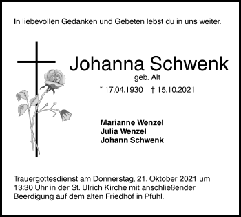 Traueranzeige von Johanna Schwenk von SÜDWEST PRESSE Ausgabe Ulm/Neu-Ulm