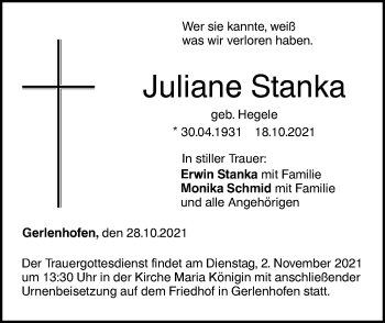 Traueranzeige von Juliane Stanka von SÜDWEST PRESSE Ausgabe Ulm/Neu-Ulm