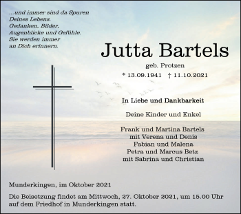 Traueranzeige von Jutta Bartels von Ehinger Tagblatt