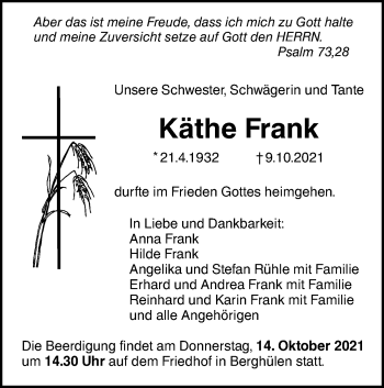 Traueranzeige von Käthe Frank von SÜDWEST PRESSE Ausgabe Ulm/Neu-Ulm