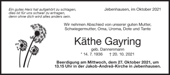 Traueranzeige von Käthe Gayring von NWZ Neue Württembergische Zeitung