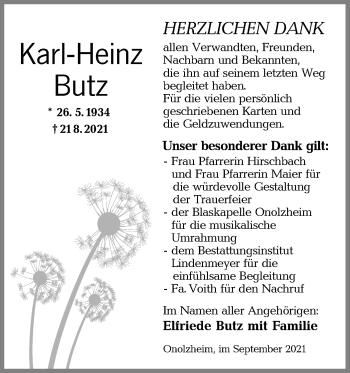 Traueranzeige von Karl-Heinz Butz von Hohenloher Tagblatt