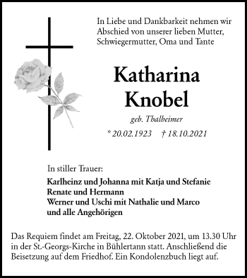 Traueranzeige von Katharina Knobel von Haller Tagblatt