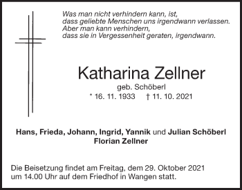 Traueranzeige von Katharina Zellner von NWZ Neue Württembergische Zeitung