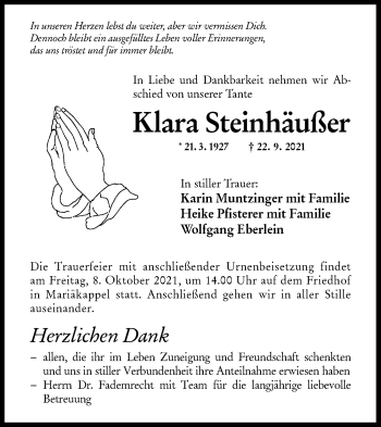 Traueranzeige von Klara Steinhäußer von Hohenloher Tagblatt