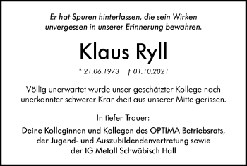 Traueranzeige von Klaus Ryll von Haller Tagblatt