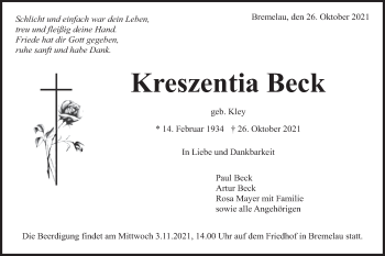 Traueranzeige von Kreszentia Beck von Metzinger-Uracher Volksblatt