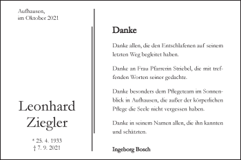 Traueranzeige von Leonhard Ziegler von Geislinger Zeitung