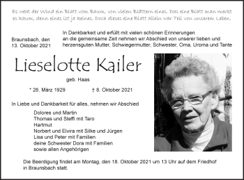 Traueranzeige von Lieselotte Kailer von Haller Tagblatt