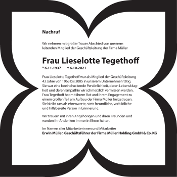 Traueranzeige von Lieselotte Tegethoff von SÜDWEST PRESSE Ausgabe Ulm/Neu-Ulm