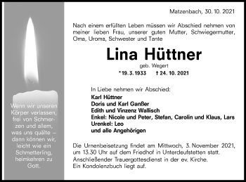 Traueranzeige von Lina Hüttner von Hohenloher Tagblatt