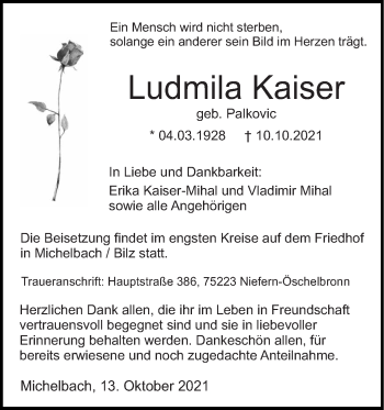 Traueranzeige von Ludmila Kaiser von Haller Tagblatt