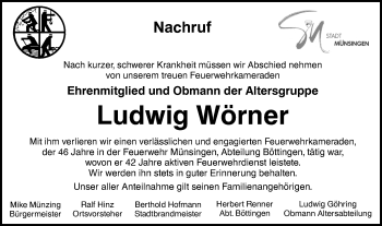 Traueranzeige von Ludwig Wörner von Alb-Bote/Metzinger-Uracher Volksblatt