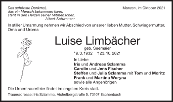 Traueranzeige von Luise Limbächer von NWZ Neue Württembergische Zeitung